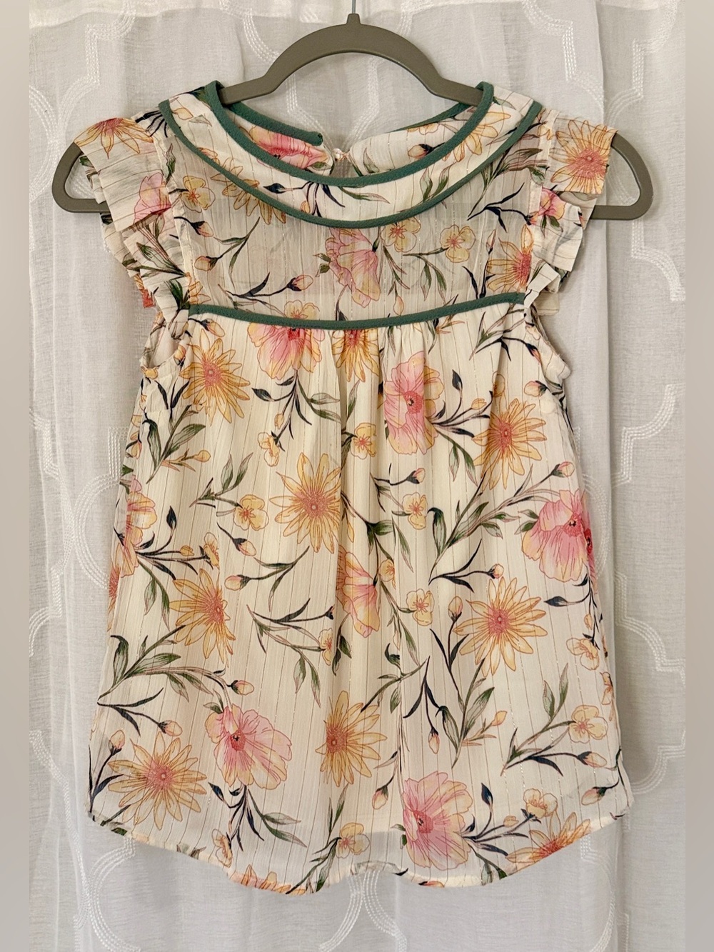 Monteau Floral Ruffle Yoke Sleeveless Blouse Small Cream Pink Cottagecore